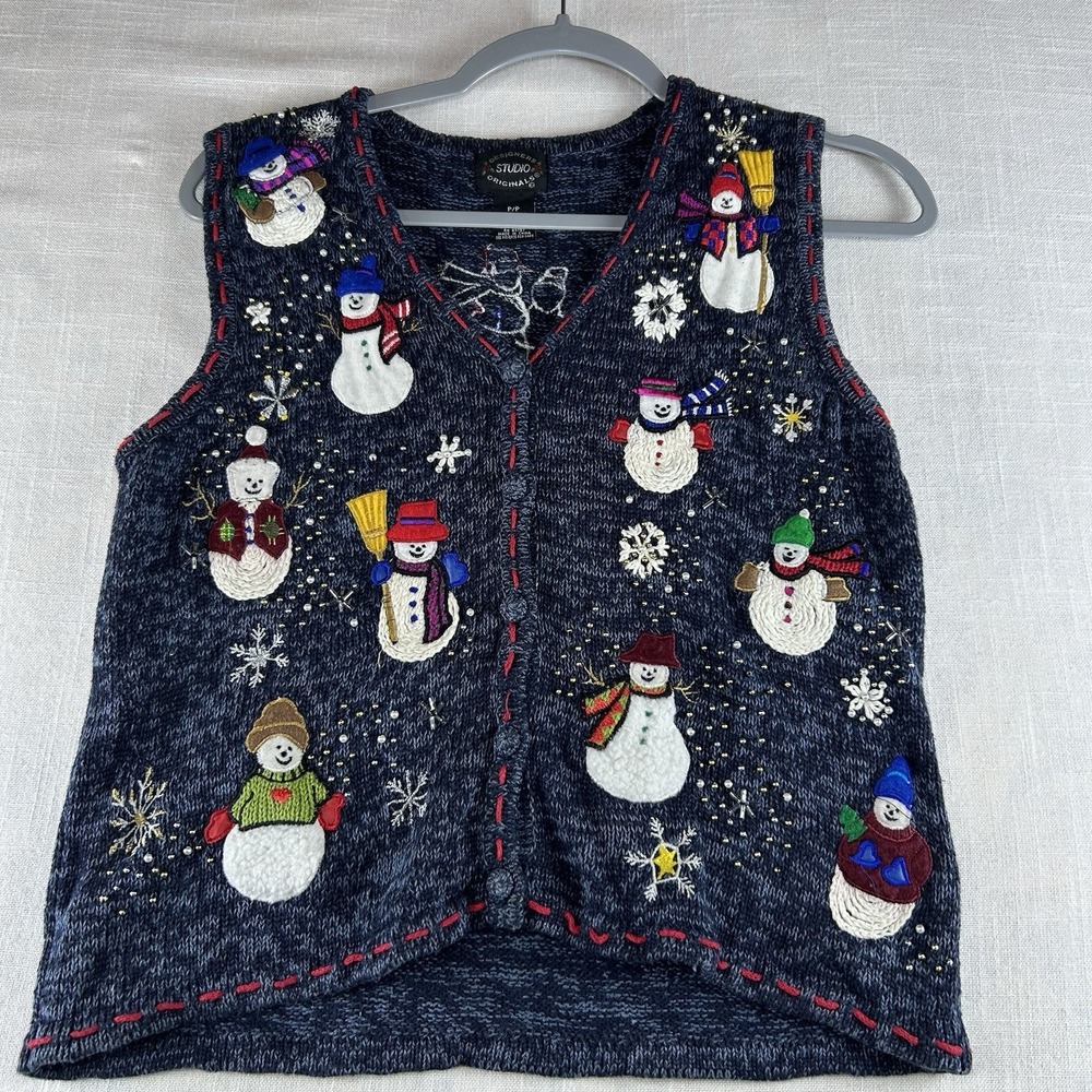 VTG Designers Studio Original Christmas Sweater Vest Sz S/P‎ Embroidered Holiday